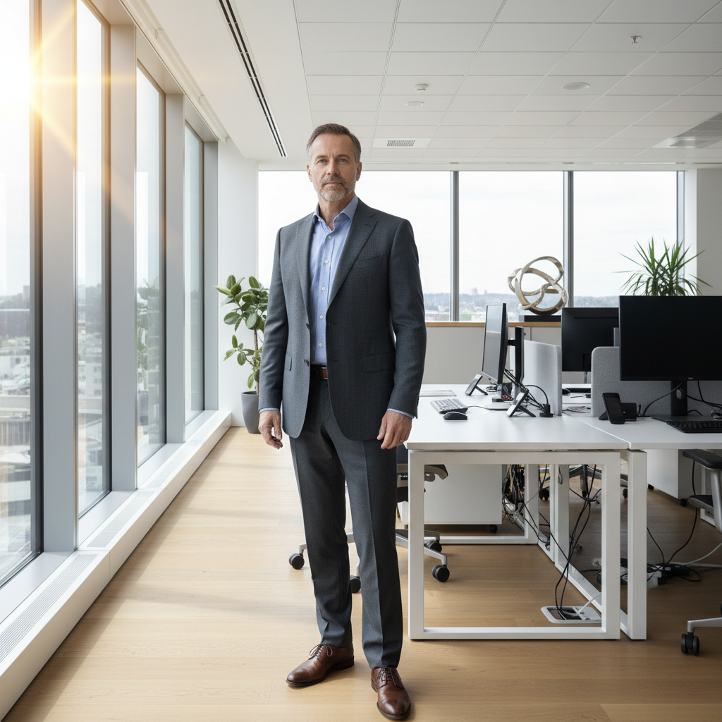 Confident young businessman smiling in modern office environment