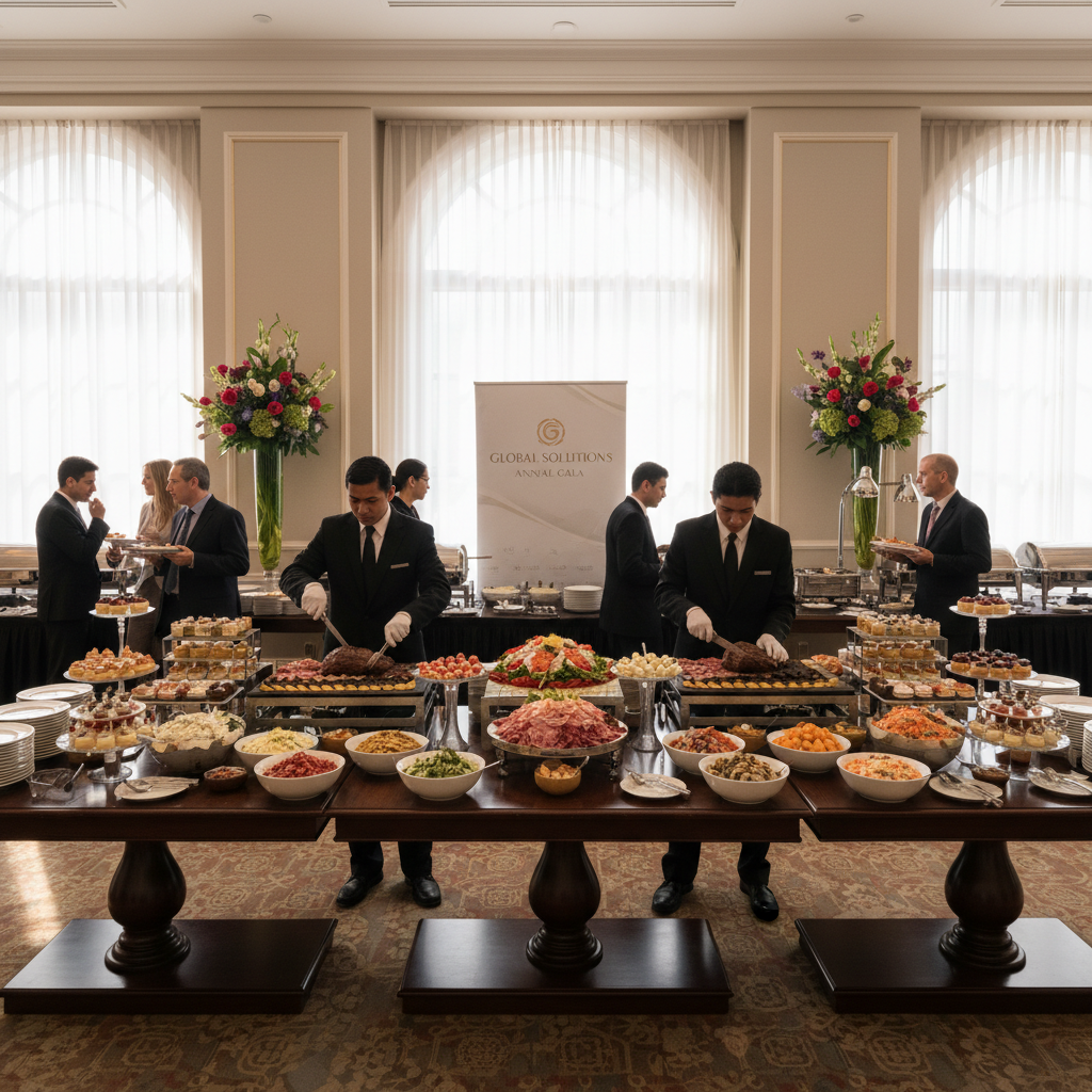 Elegant corporate catering setup with buffet trays and professional presentation, bright office setting