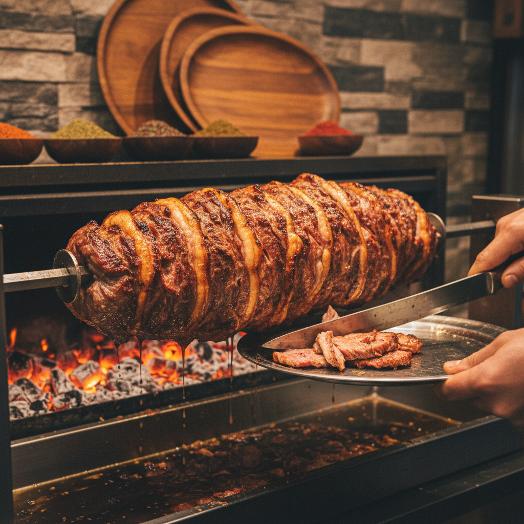Erzurum cağ kebabı, yatay şişte kuzu eti