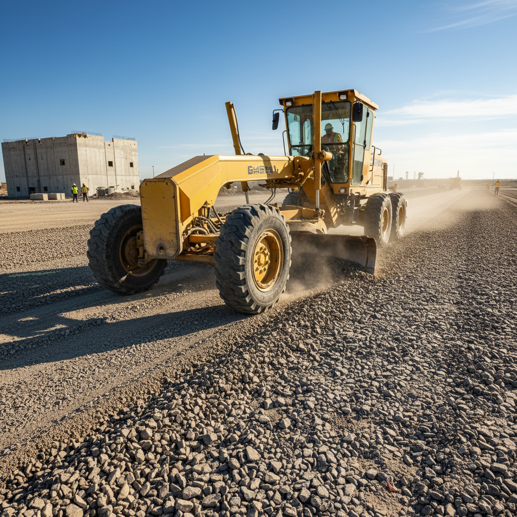 Road grader preparing aggregate base for industrial paving project