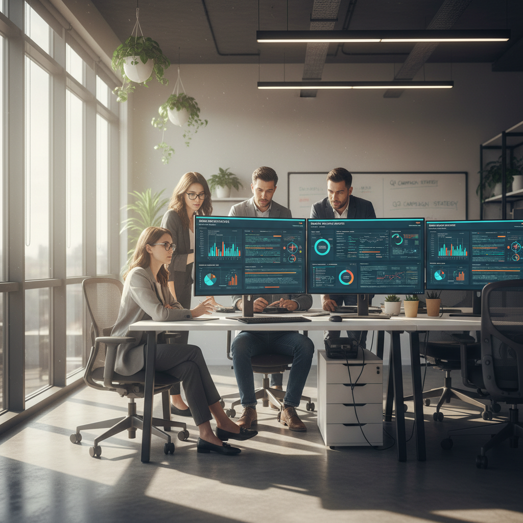Marketing team reviewing digital campaign performance metrics and paid media dashboards on large monitors in a modern agency office