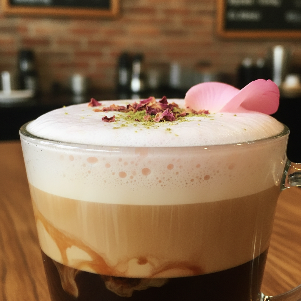 Artisanal signature café drink with rose petal garnish and layered milk in a wide ceramic cup