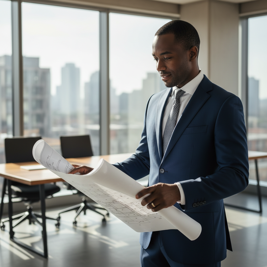 African man in navy business suit with professional demeanor in modern office
