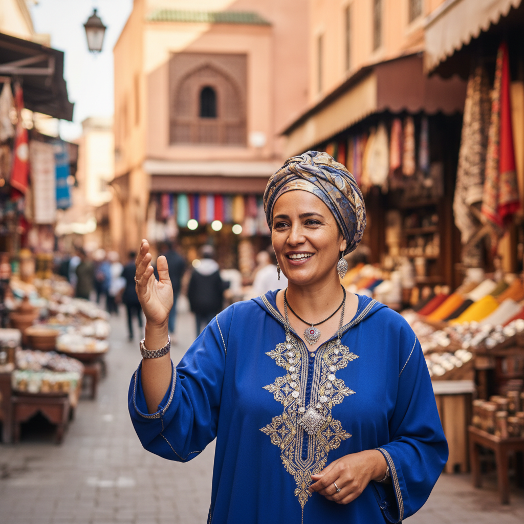 Professional female tour guide in traditional Moroccan setting, warm sunlight, confident smile, medina background