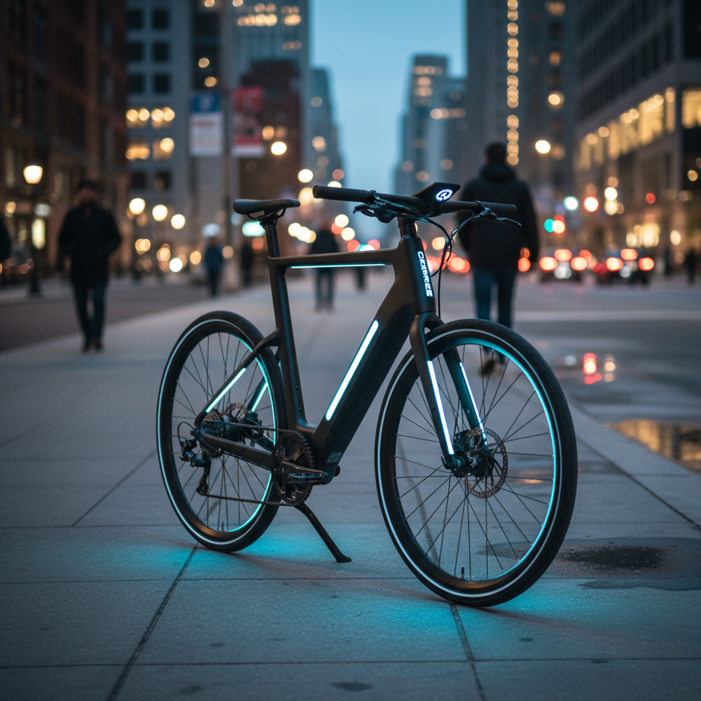 Sleek electric commuter bike on urban street at dusk with LED lighting