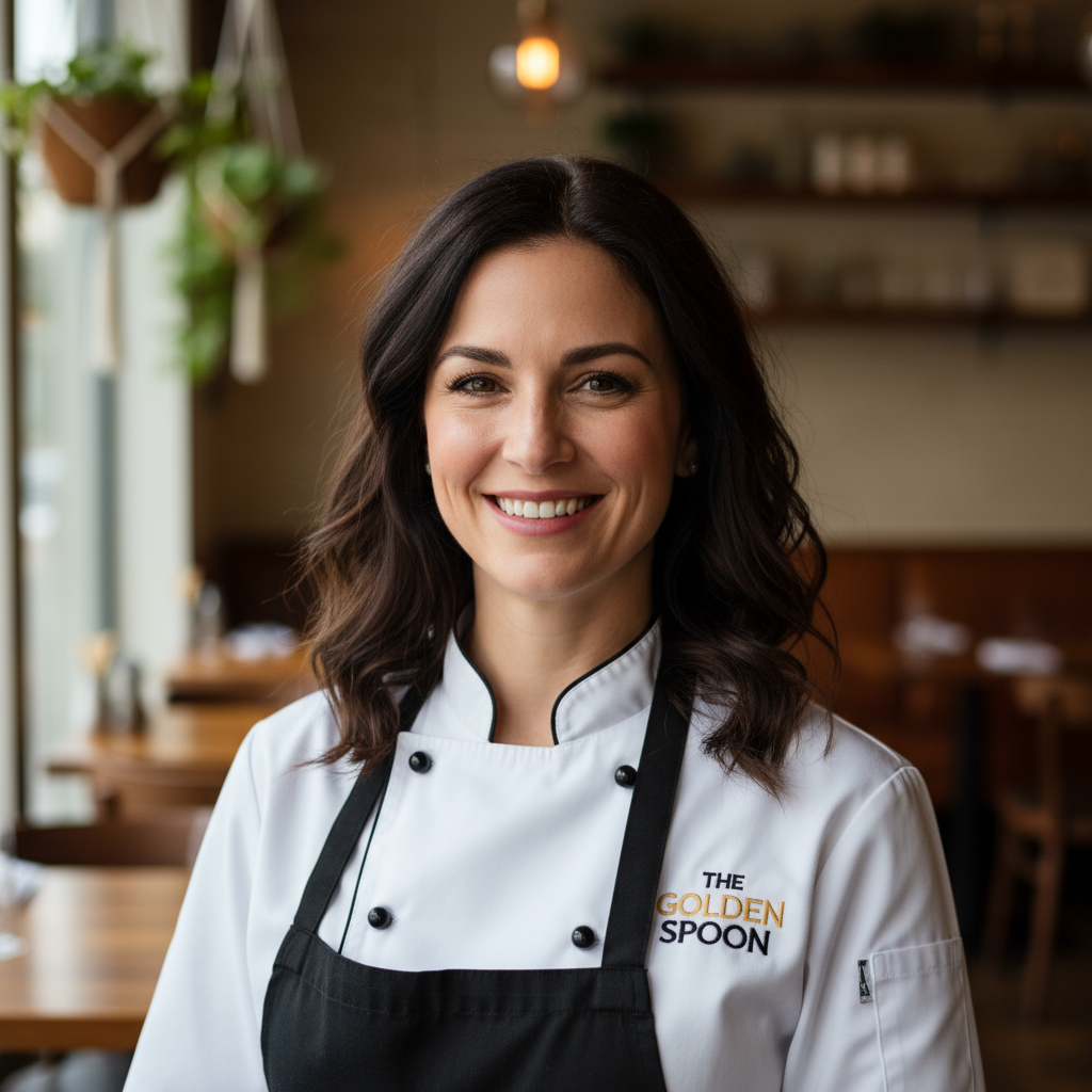 Sofia Marchetti, restaurant owner, warm headshot with curly hair and bright smile