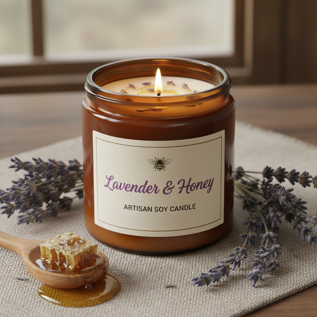 Handmade soy candles in amber glass jars with dried botanicals, soft candlelight, cream background