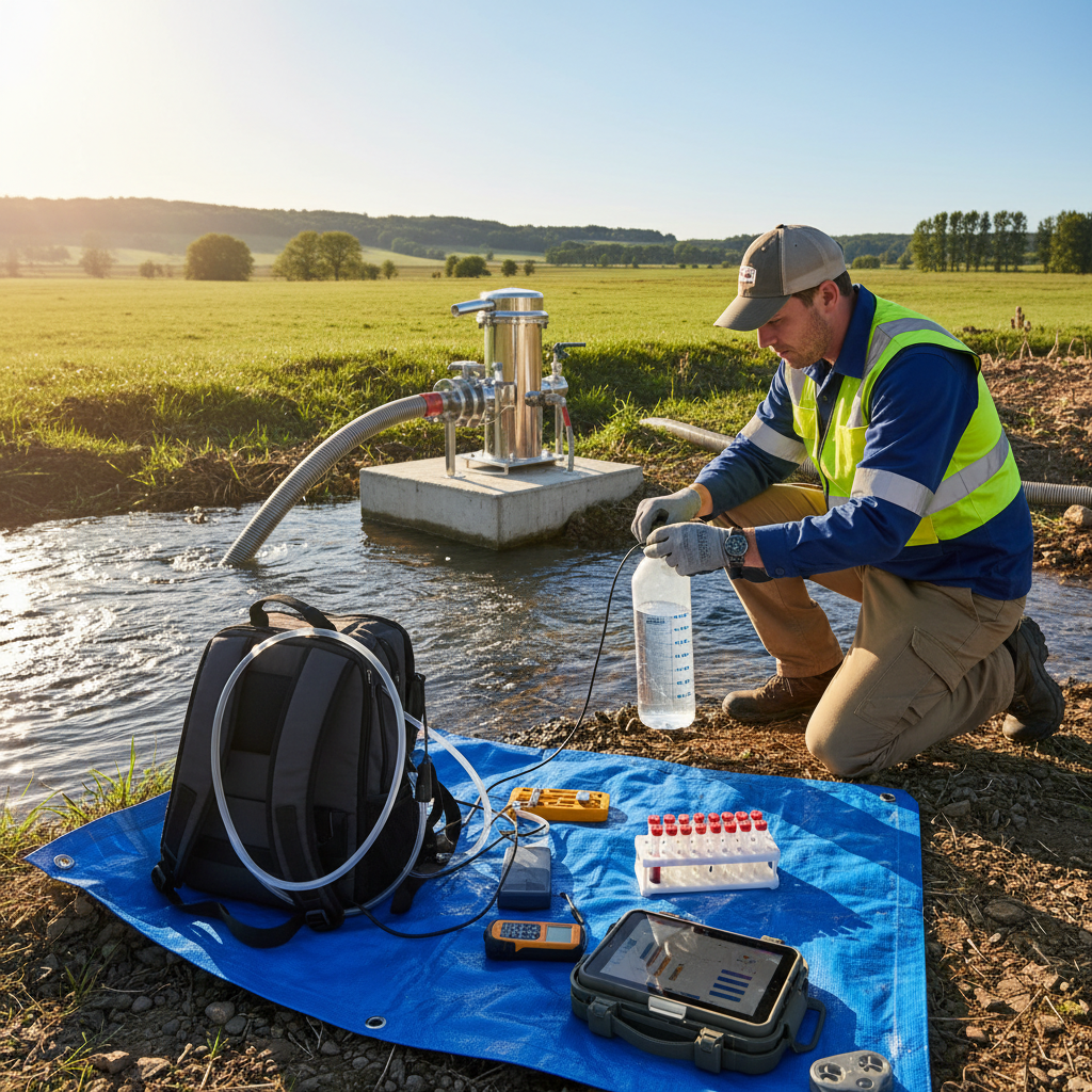 Field engineer testing water quality with a portable kit beside a newly installed pump