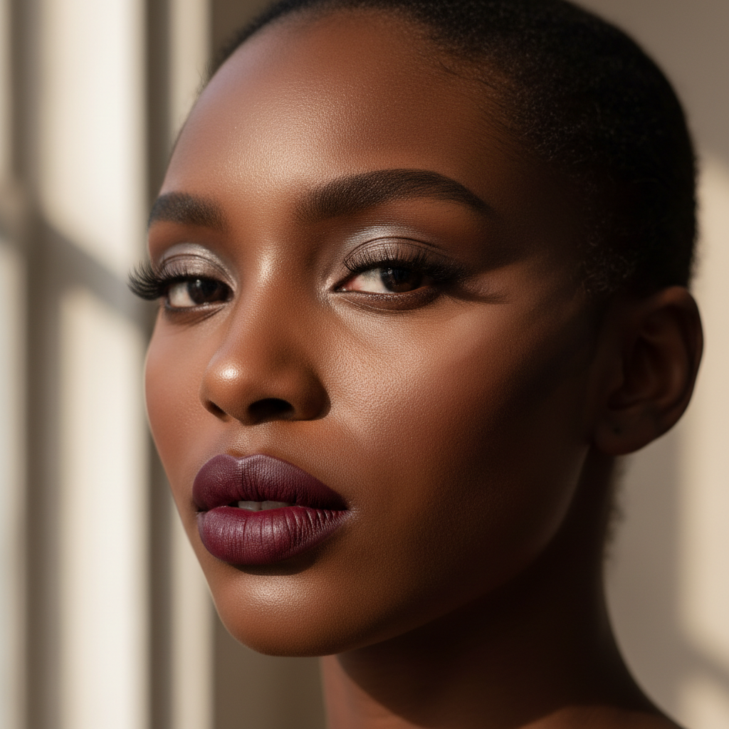 Editorial makeup look with sharp contoured cheekbones and deep berry lip on dark skin