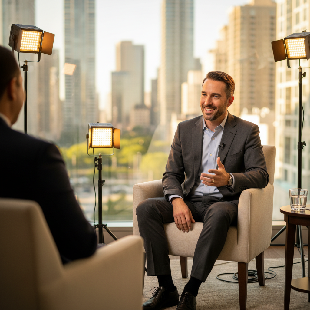 Executive interview setting with Forbes branding and professional portrait lighting