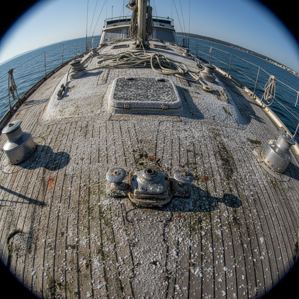 Weathered yacht deck with salt residue and grime before professional marine cleaning in Simpson Bay Marina