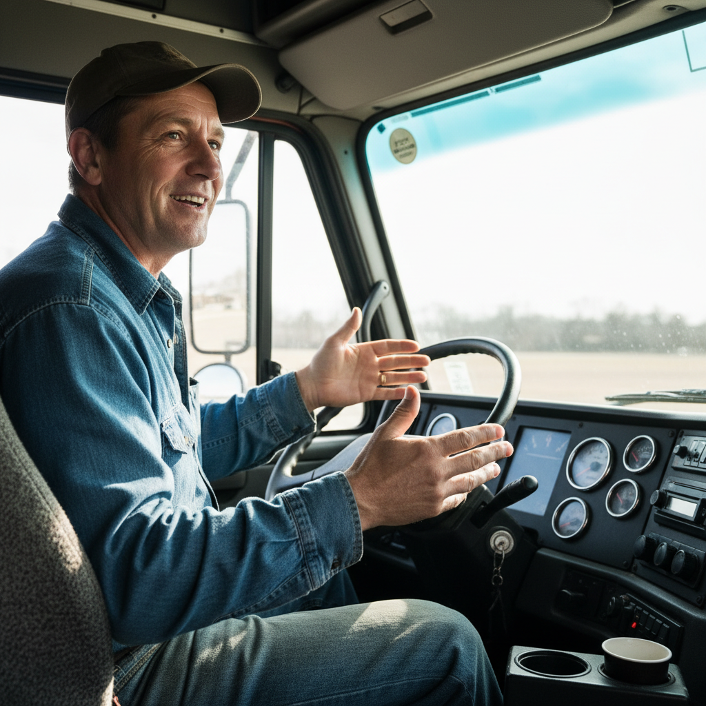 Woman truck driver smiling in the cab of a semi-truck