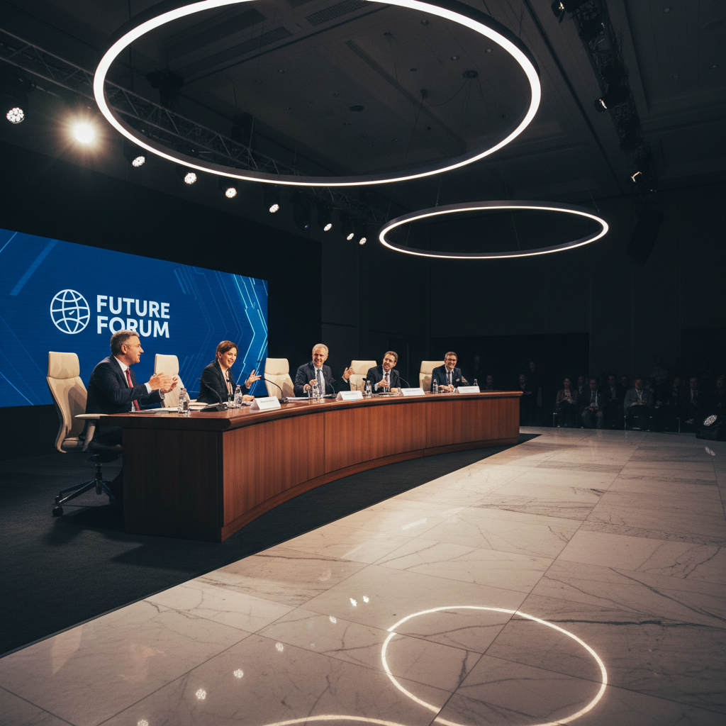 Conference stage with panelists seated at curved table, professional event lighting