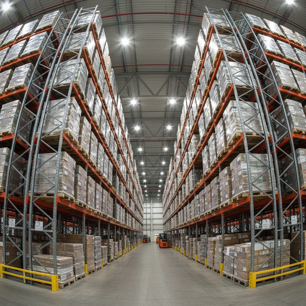 Warehouse racking system with pallets stacked to ceiling height