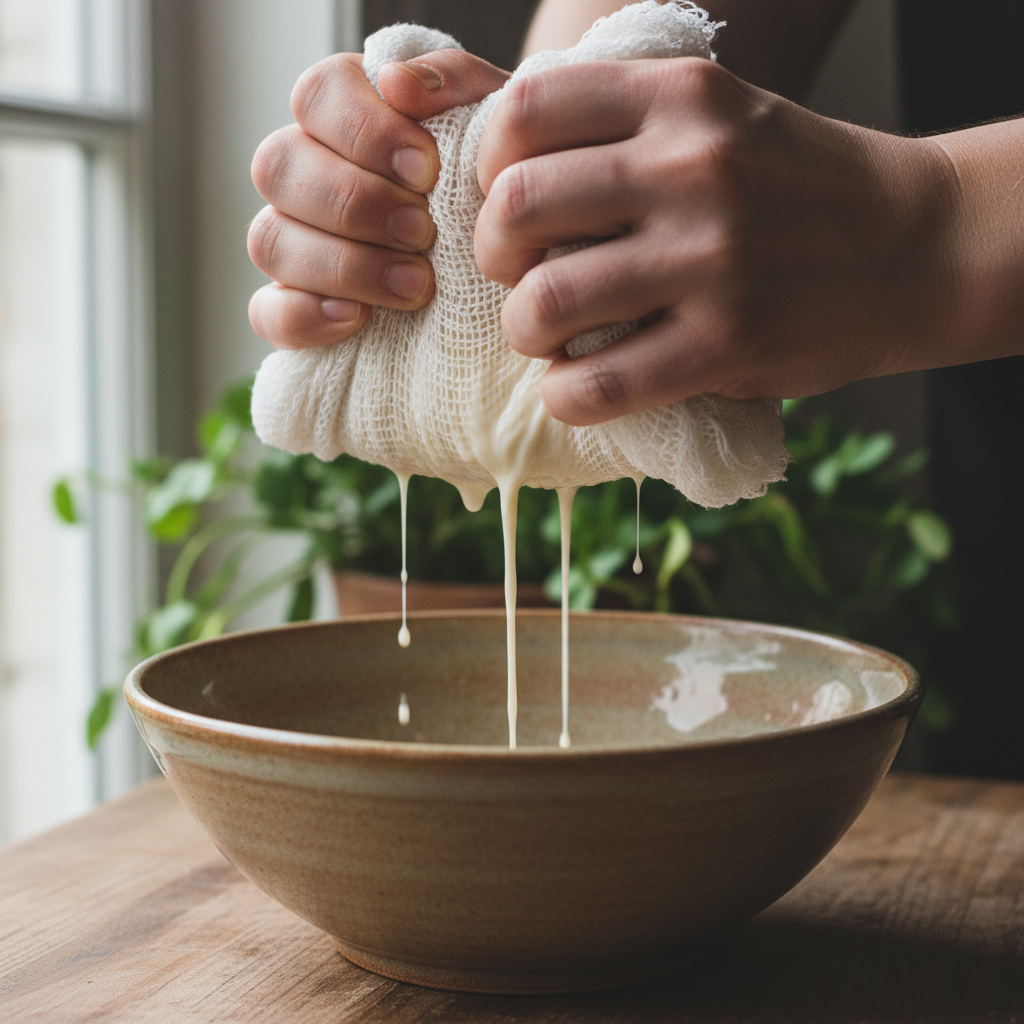 Chef's hands pressing nut milk through cheesecloth over a ceramic bowl