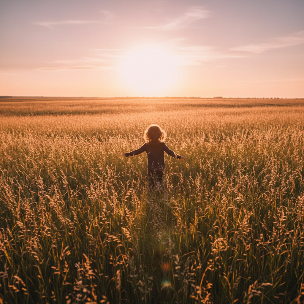 Child running through tall golden grass at dusk, backlit silhouette
