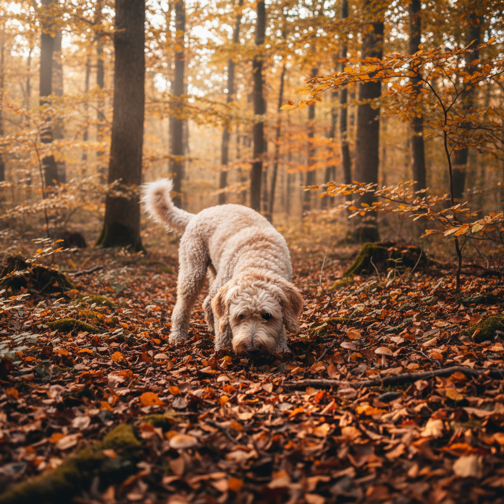 Truffle hunting in oak forest, dog sniffing ground, handler watching, winter morning light, earthy forest floor