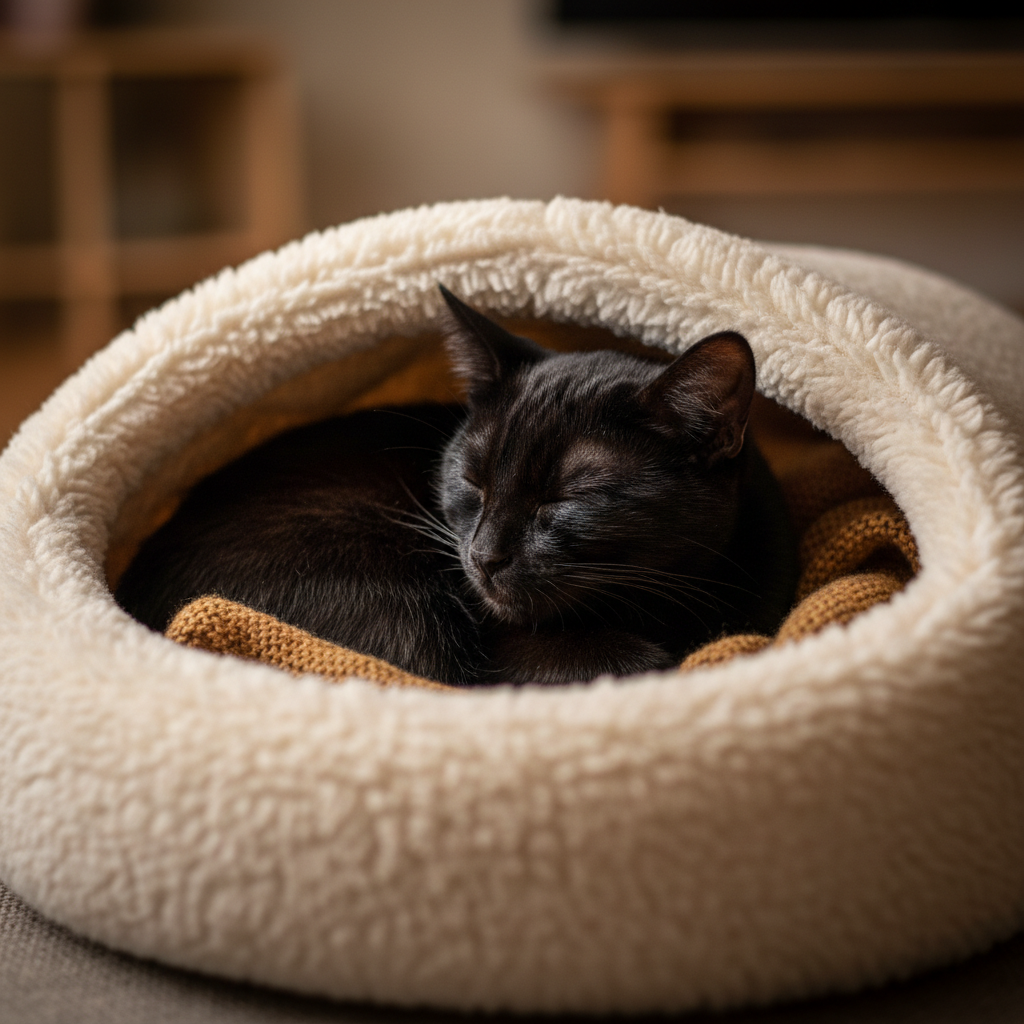 Cat bed in cozy home setting with warm light