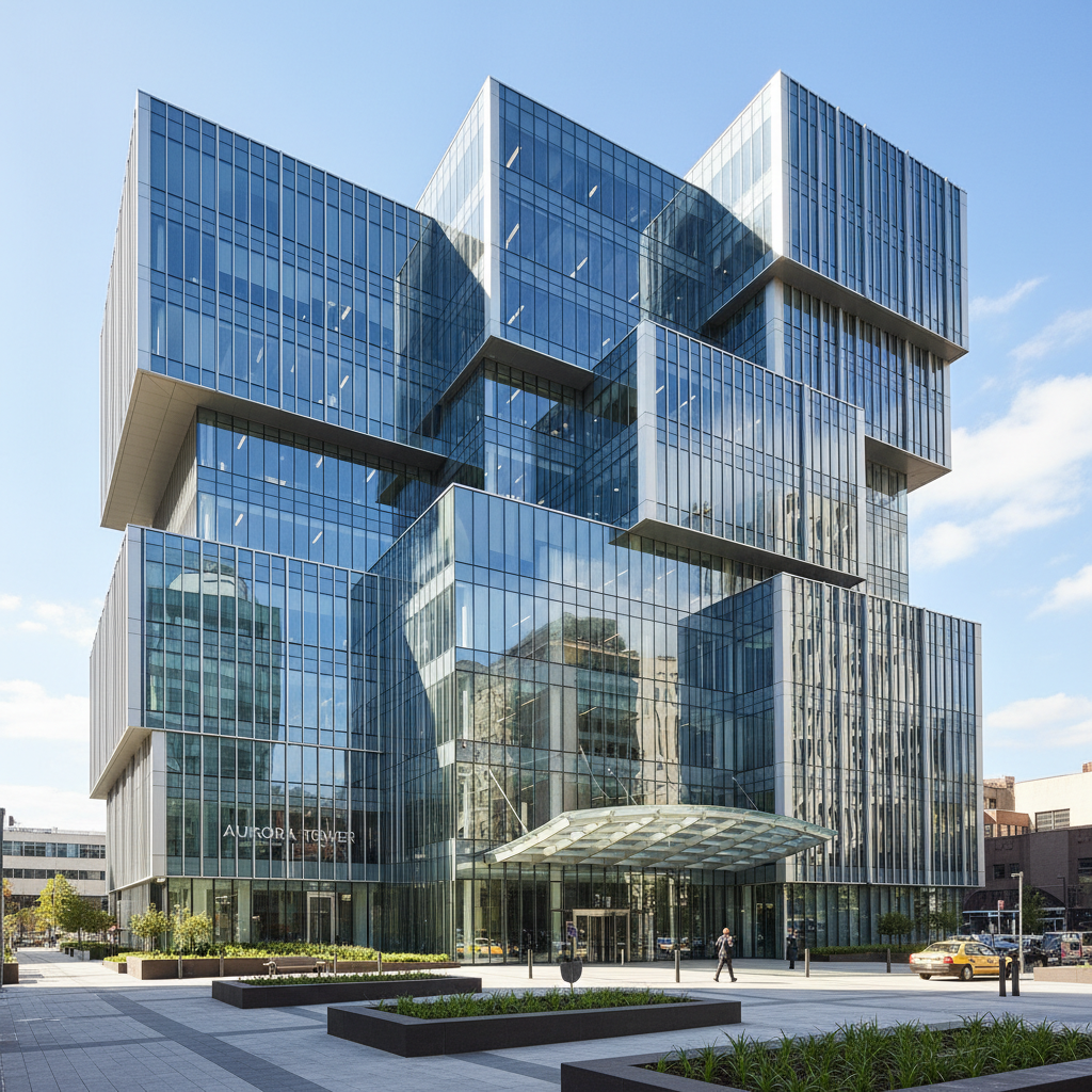 Modern glass office building exterior, bright daylight, architectural precision, corporate prestige