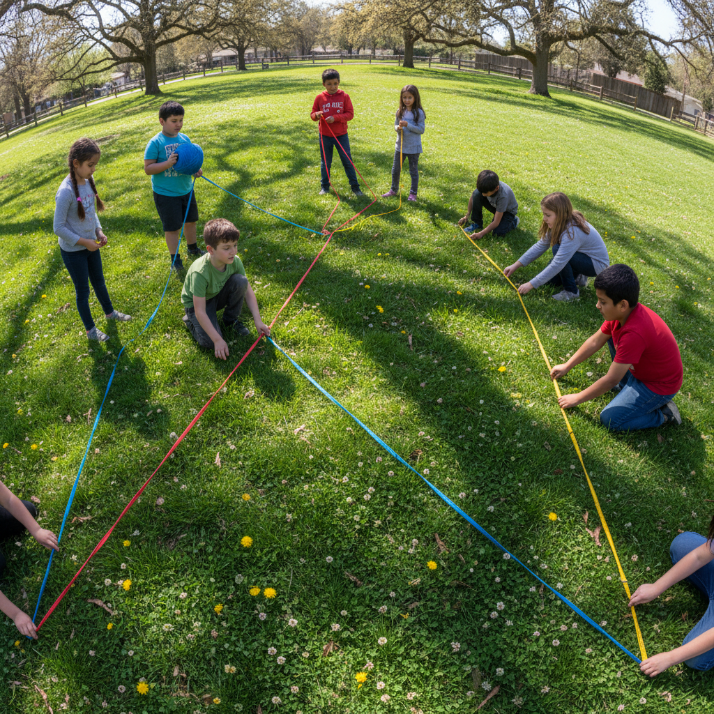 Children outdoors on grass measuring shadows with colorful yarn, working together with focused expressions