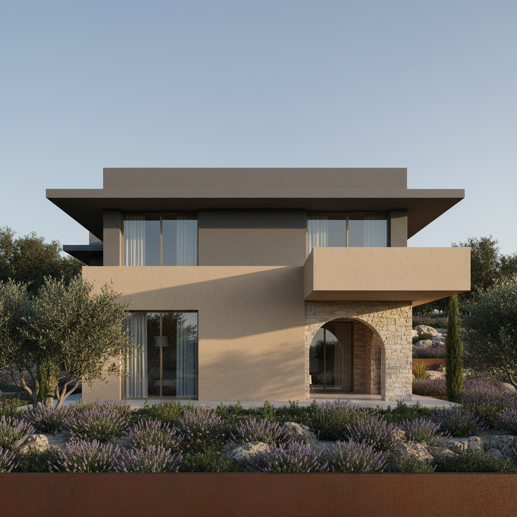 Ultra-luxury villa with infinity pool, dark stone architecture, twilight sky, deep shadows on facade, dramatic ambient lighting around pool