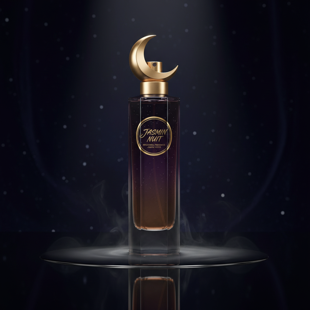 Dark midnight blue vial with silver moon motif on black velvet background