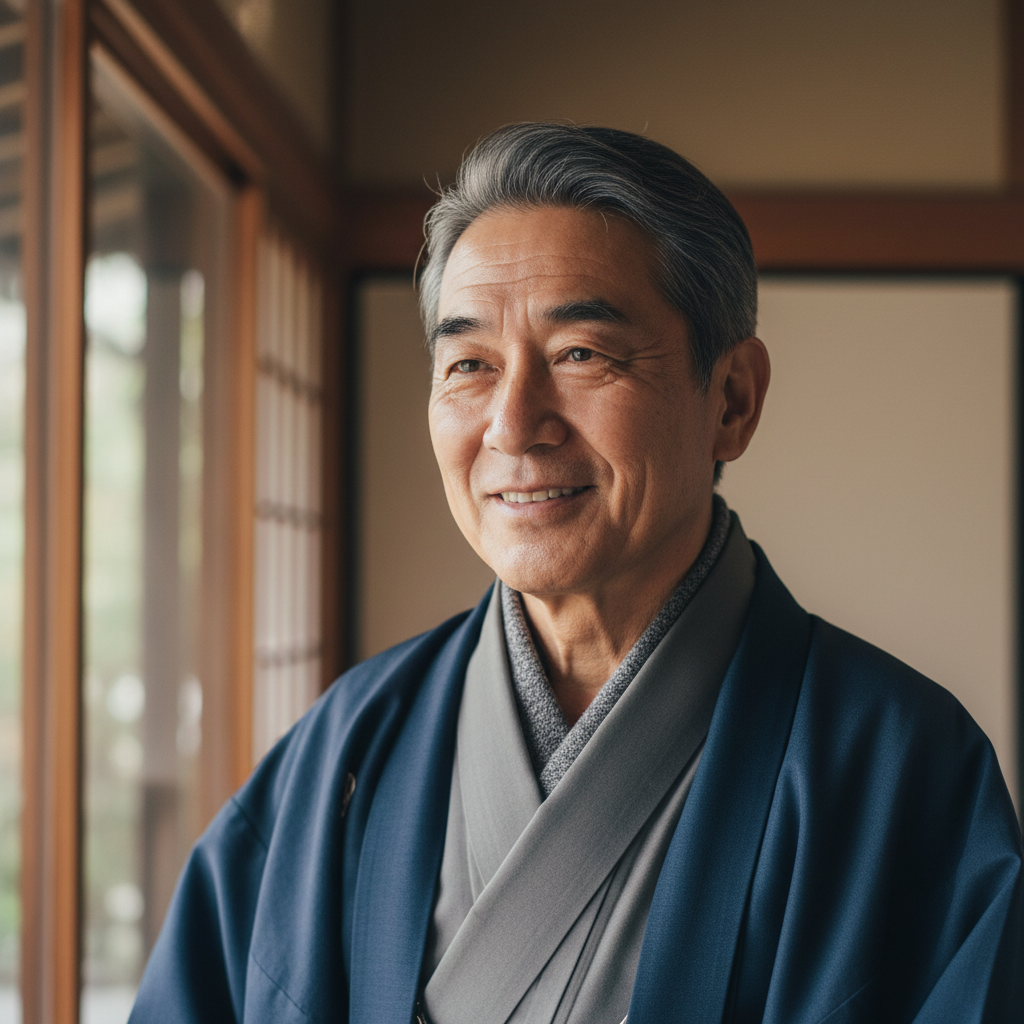 Japanese man in his 60s, gentle expression, portrait