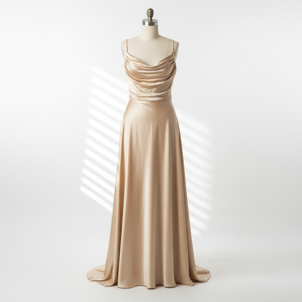 Elegant floor-length silk blend gown, soft drape, luxury fashion studio