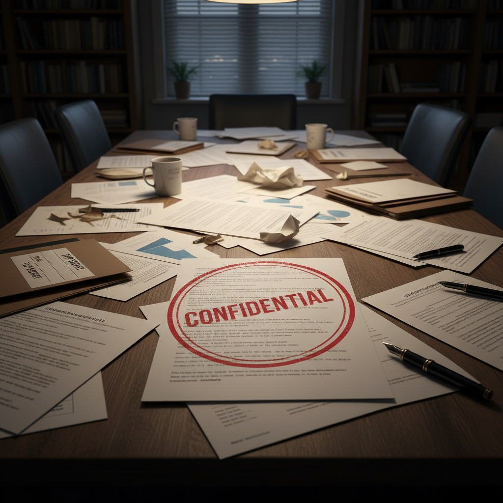 Government compliance documents spread across a conference table, pen and reading glasses, neutral institutional lighting