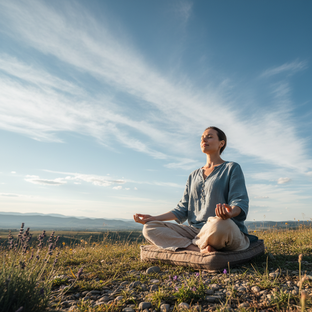 Person meditating in peaceful bright outdoor space with open sky and natural scenery