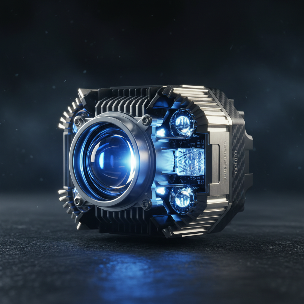 Advanced automotive headlight projector module, dark moody lighting, electric blue glow, precision engineering