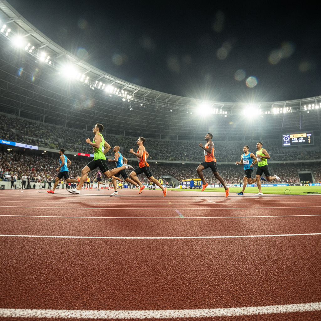 Athlete in motion, dark stadium environment, dramatic floodlights