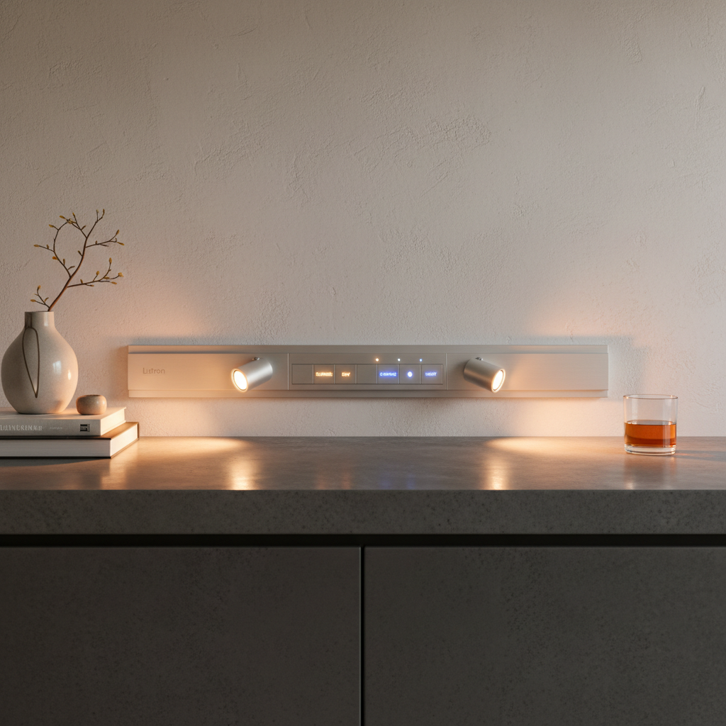 Elegant living room with warm dimmed lighting and automated Lutron lighting control system