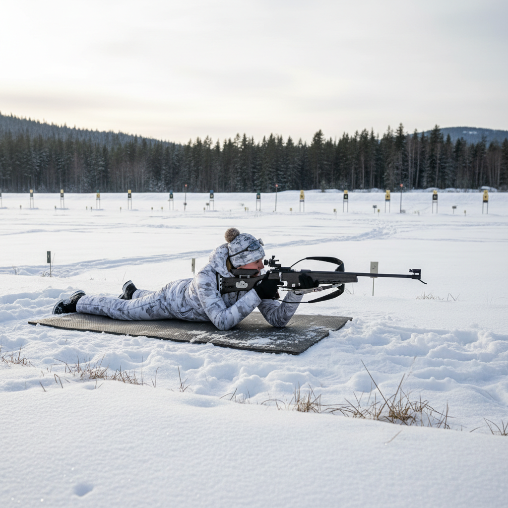 Female athlete at prone shooting position on outdoor range, snow visible around shooting mat, rifle shouldered