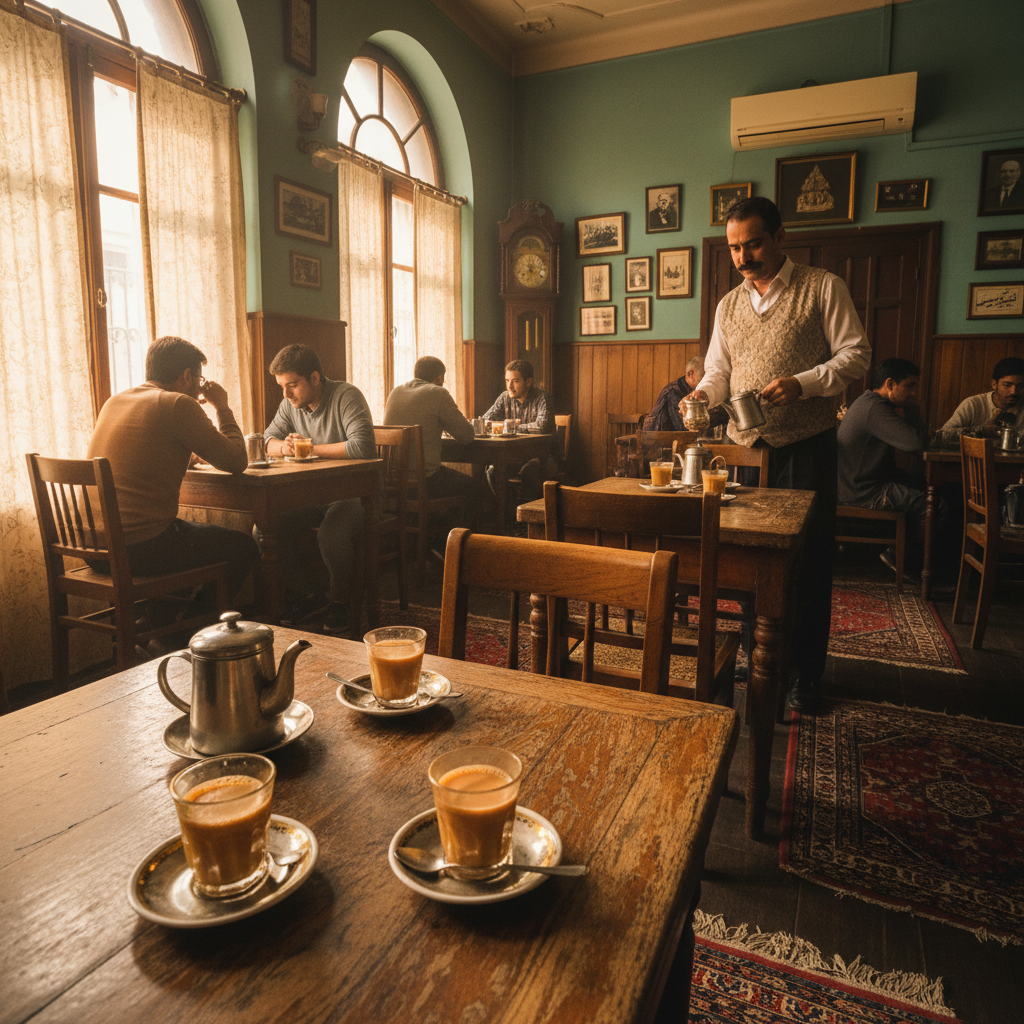 Quirky colourful Irani café interior with vintage decor and soda bottles, bright cheerful atmosphere