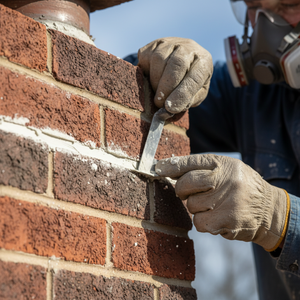 Tuckpointing worker pressing fresh lime putty mortar into cleaned chimney joints with pointing tool