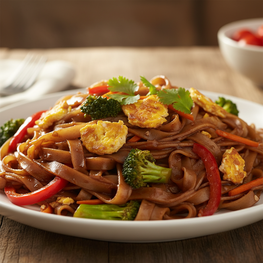 Steaming wok-tossed Hakka noodles with colorful vegetables on a dark ceramic plate