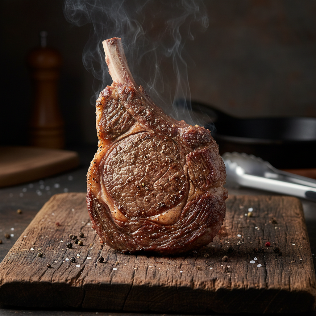 Thick-cut bone-in ribeye resting on a reclaimed wood board with smoke rising