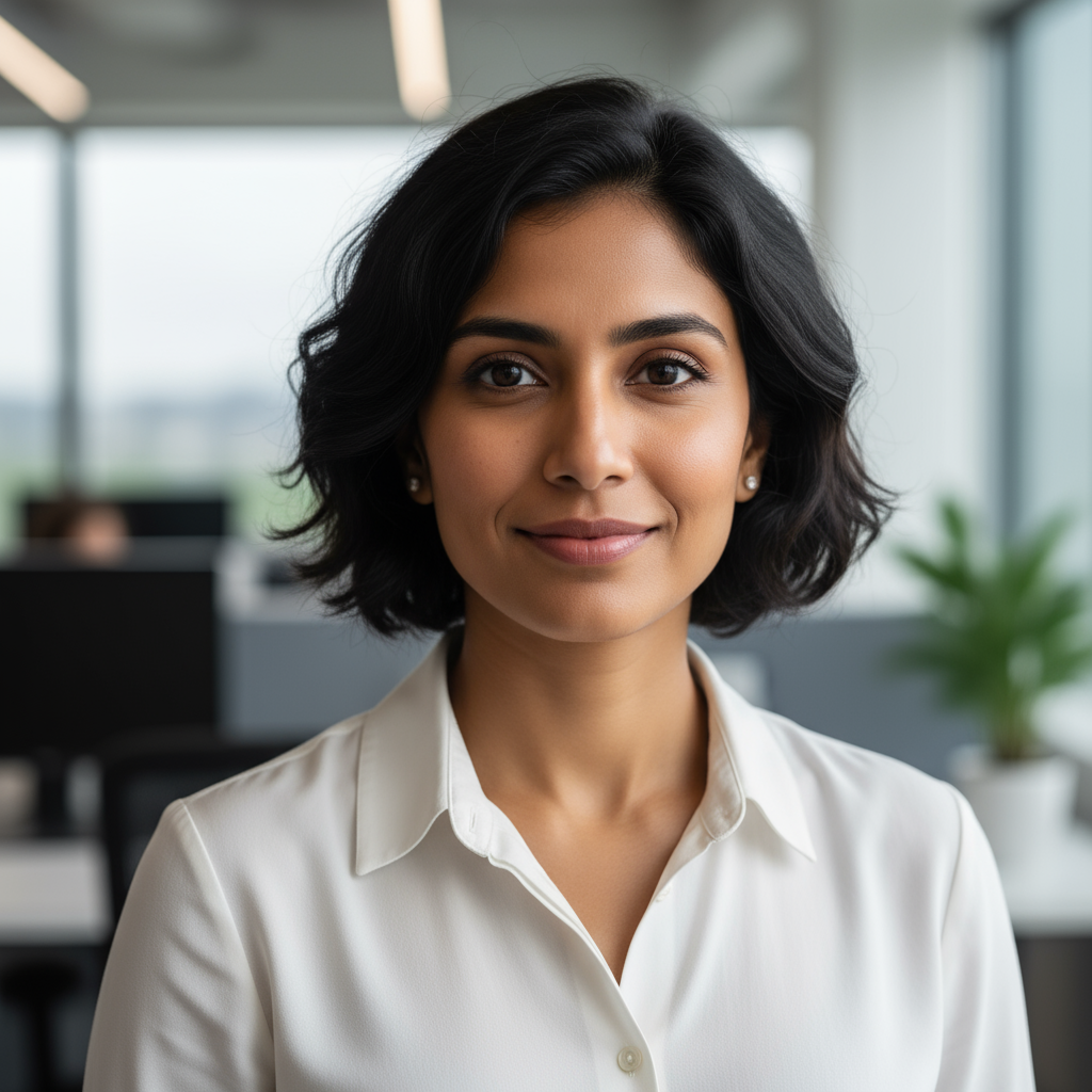 Professional headshot of Indian woman with short hair wearing black blazer in modern office