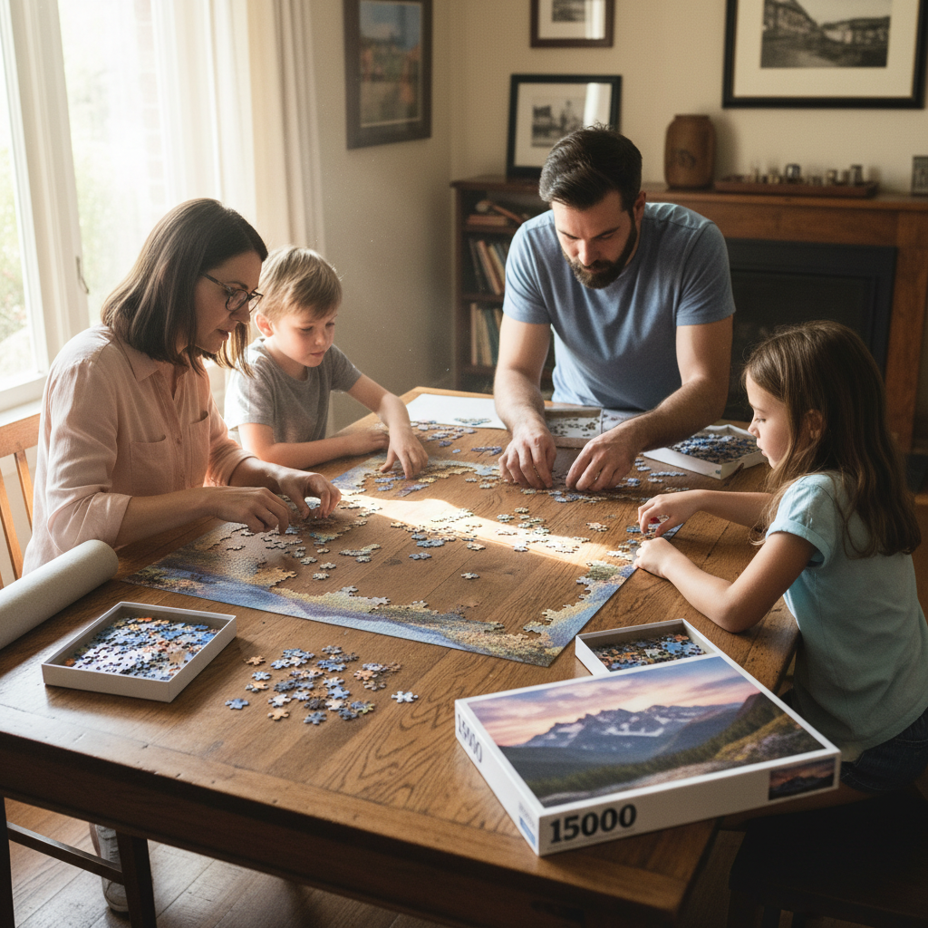 Subscriber family working on 1500-piece panoramic puzzle spread across dining table