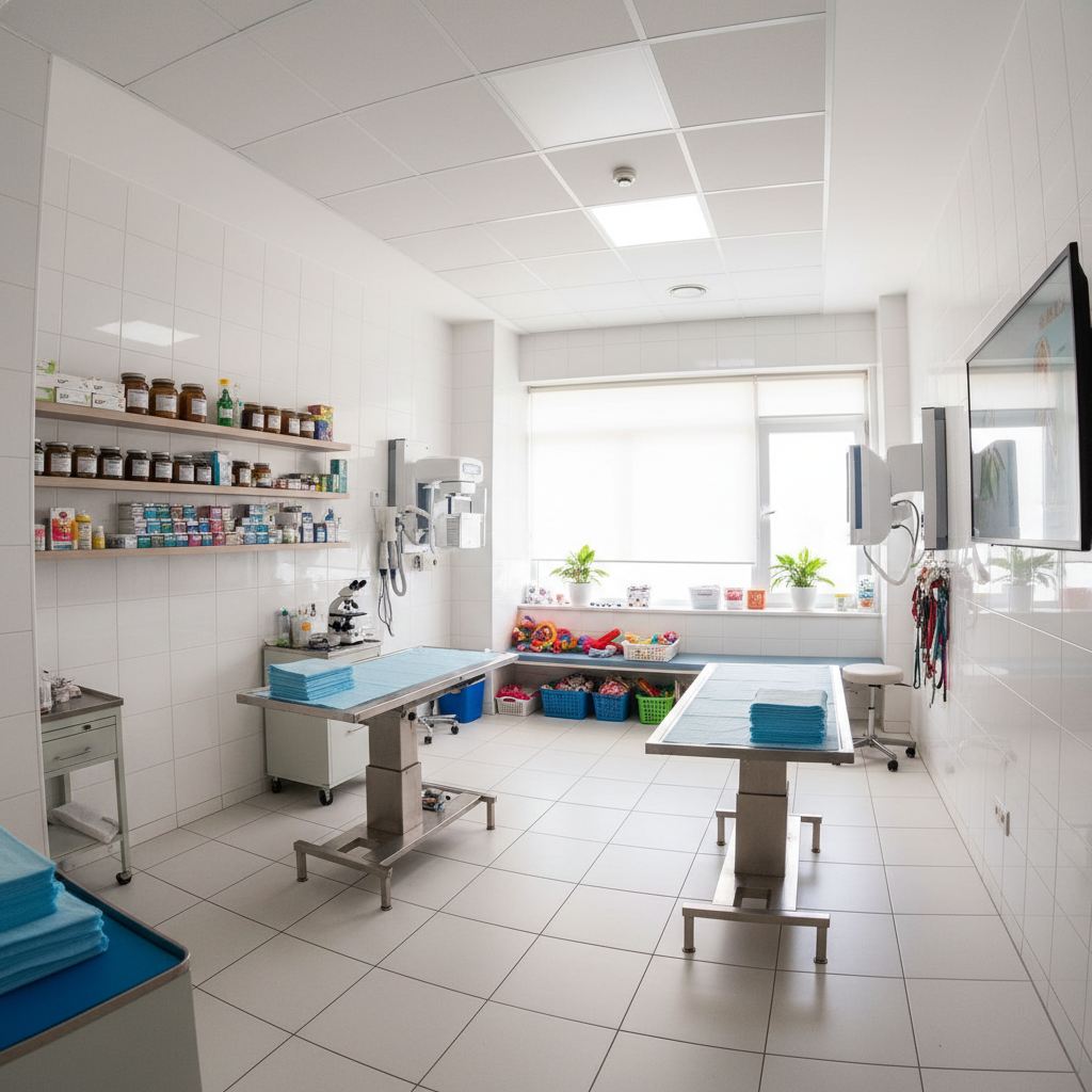 Modern veteriner kliniği muayene odası, temiz ve profesyonel ortam