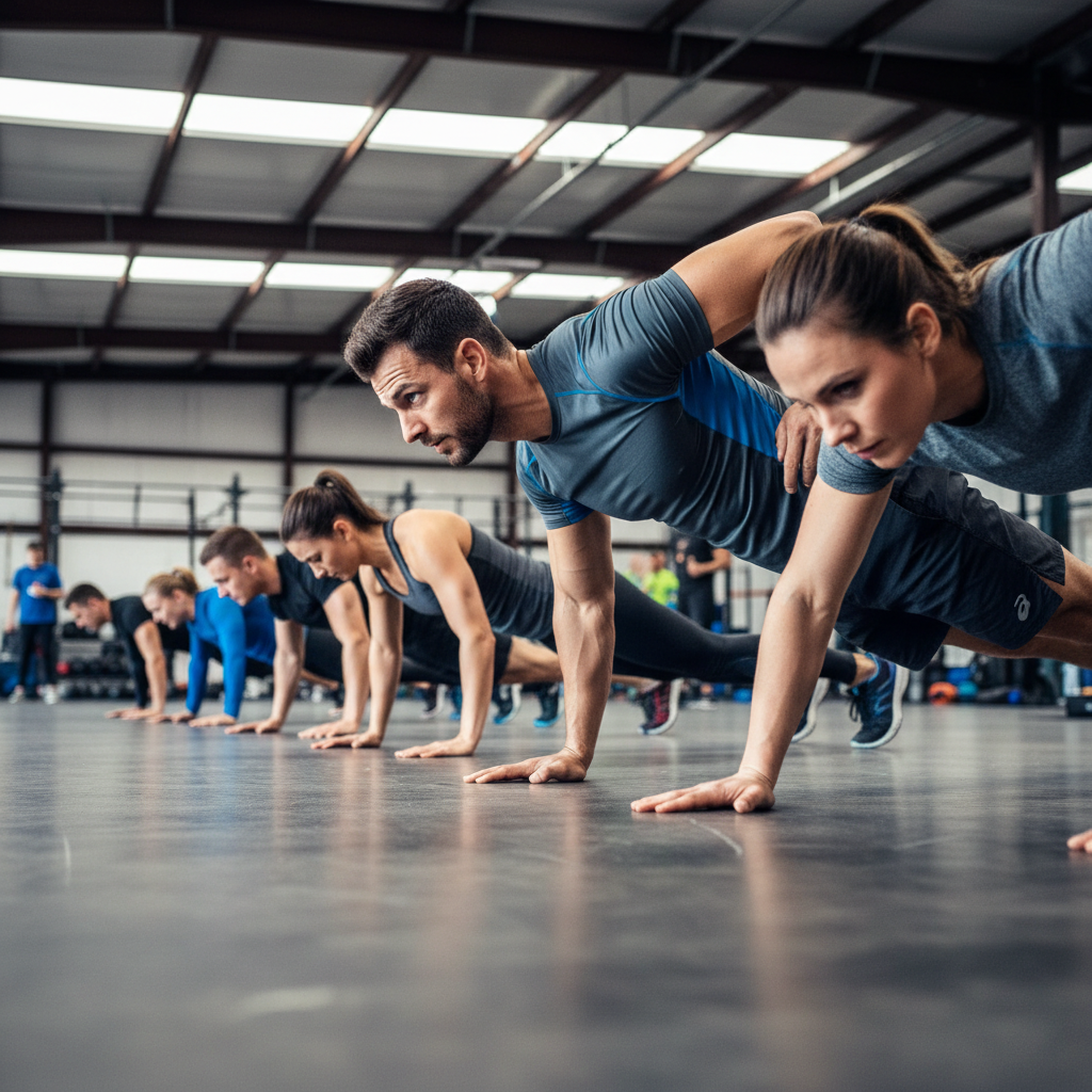 Athletes warming up on training mats before competition, focused expressions in gym setting
