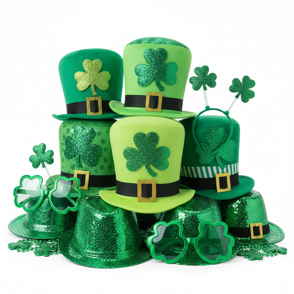 Ten green St. Patrick's Day party hats and accessories bundled together