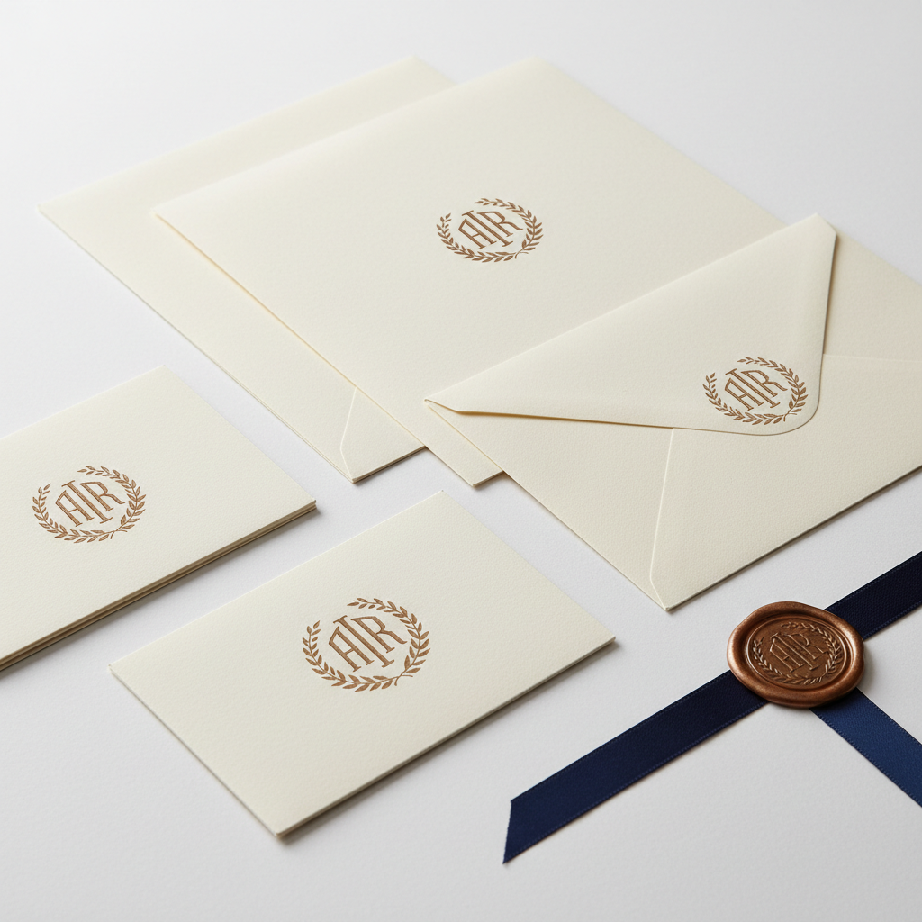 Close detail of wax seal on cream envelope with monogram crest