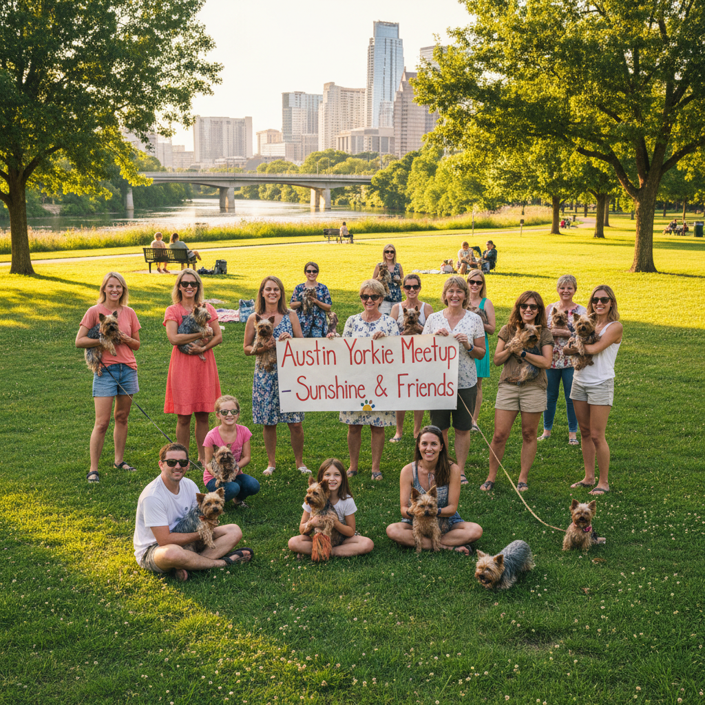 Group of Yorkie owners gathered at Riverside Park in Austin on a sunny afternoon