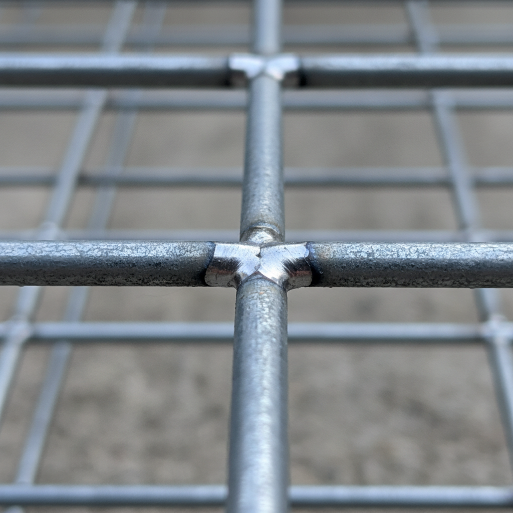 Close-up macro photograph of a welded mesh joint showing clean weld points and galvanized coating