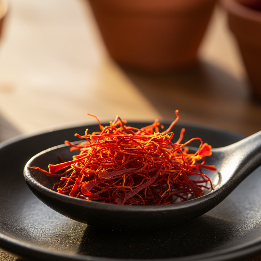 Vibrant saffron threads on a white ceramic spoon against a dark background