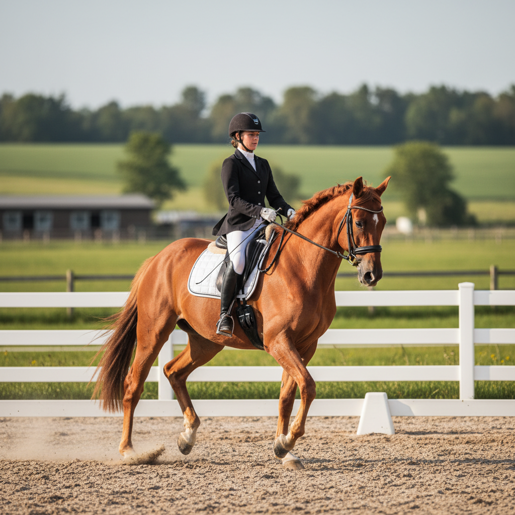 Chestnut sport horse in motion during dressage training, coat gleaming, collected and forward