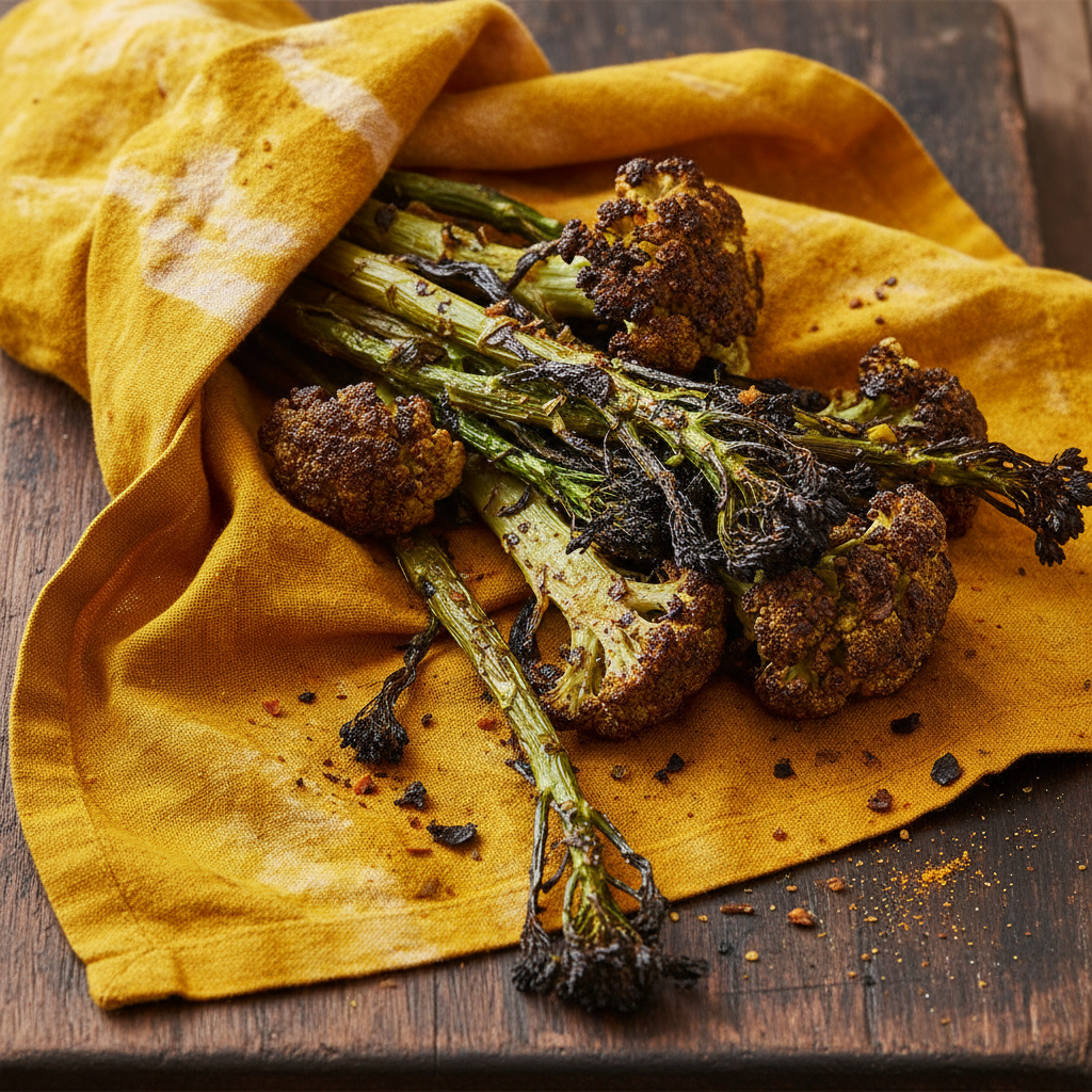 Charred brassicas wrapped in turmeric-stained linen napkin