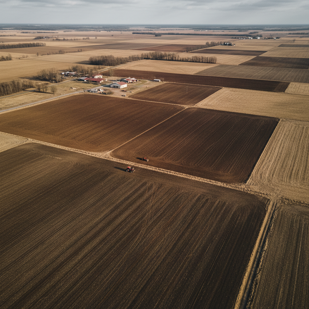 Aerial view of flat farmland in winter, soil preparation